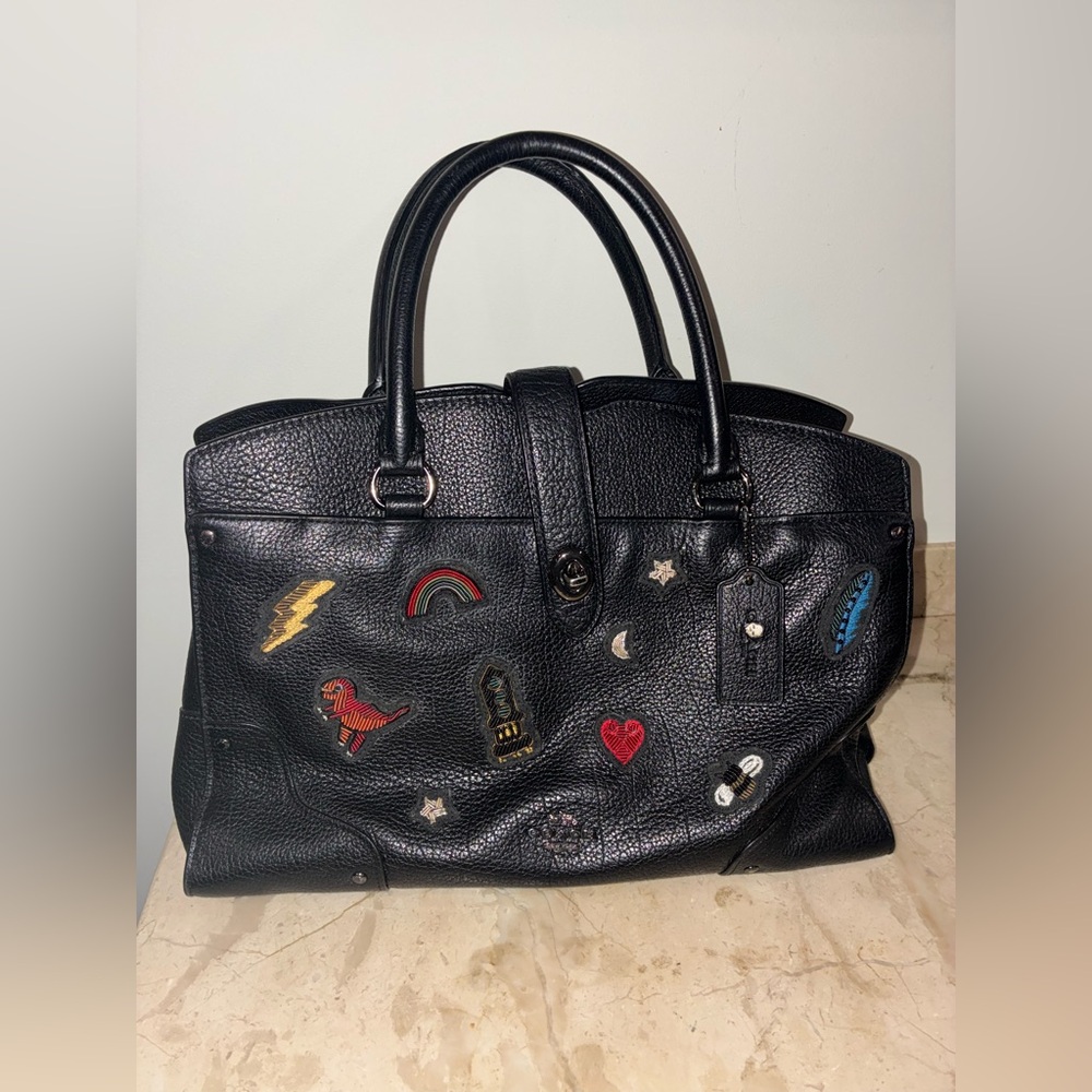 Coach Mercer Satchel 30 Handbag in Black Grain Leather Souvenir Embroidered